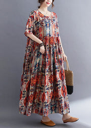 Plus Size Red O-Neck Print Patchwork Cotton Long Dresses Summer