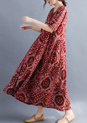 Plus Size Red O Neck Print Pockets Cotton Long Dress Summer