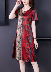 Plus Size Red O-Neck Print Slim Fit Silk Mid Dress Summer