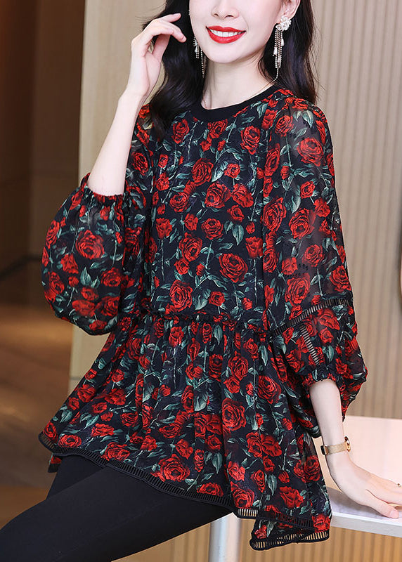 Plus Size Red O-Neck Print Wrinkled Chiffon Shirt Long Sleeve