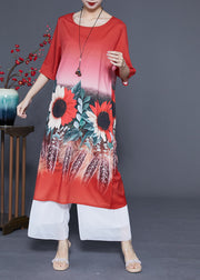 Plus Size Red O-Neck Sun Flower Print Silk Dresses Half Sleeve