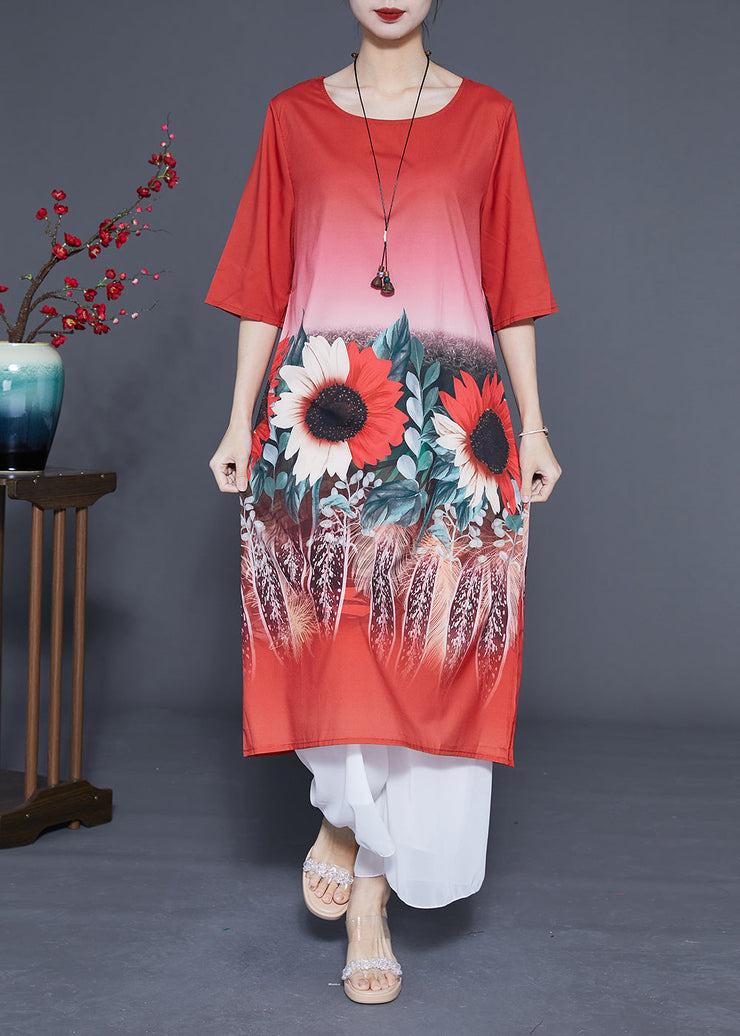 Plus Size Red O-Neck Sun Flower Print Silk Dresses Half Sleeve