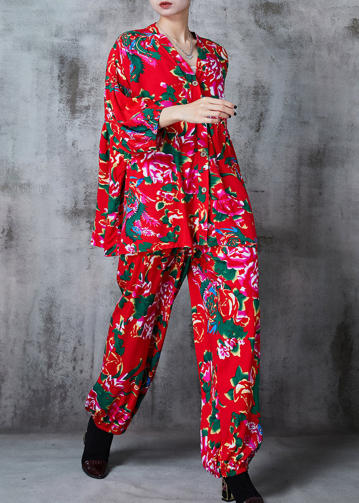 Plus Size Red Oversized Print Cotton Two Piece Suit Set Summer