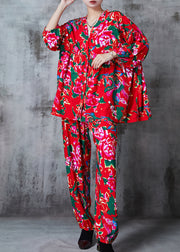 Plus Size Red Oversized Print Cotton Two Piece Suit Set Summer