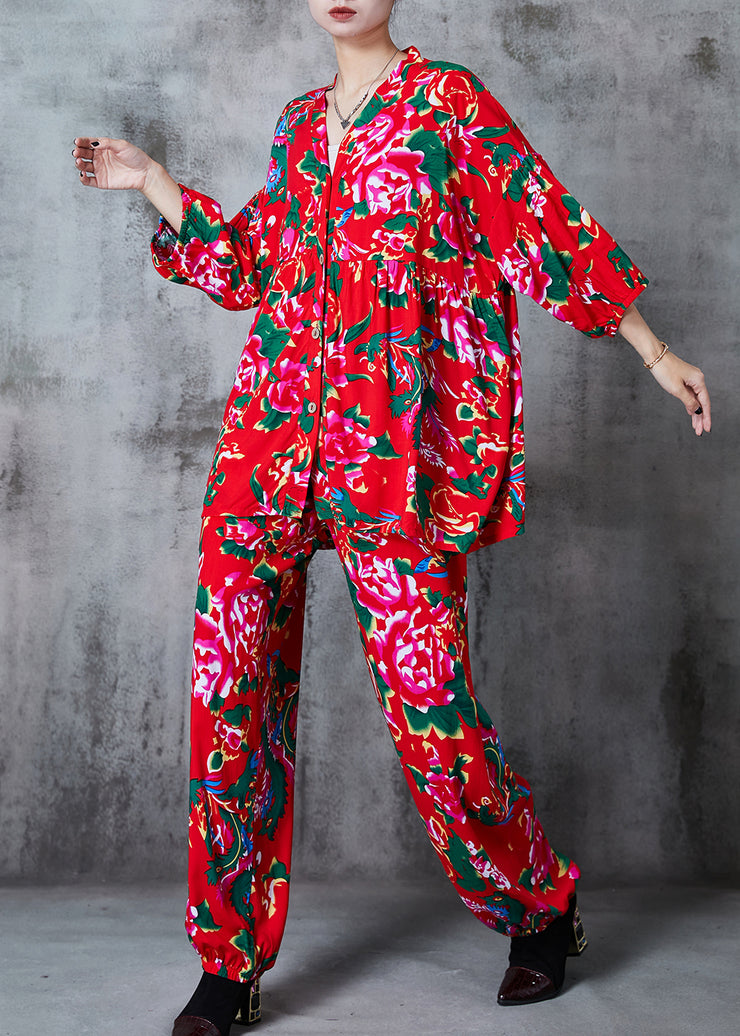 Plus Size Red Oversized Print Cotton Two Piece Suit Set Summer