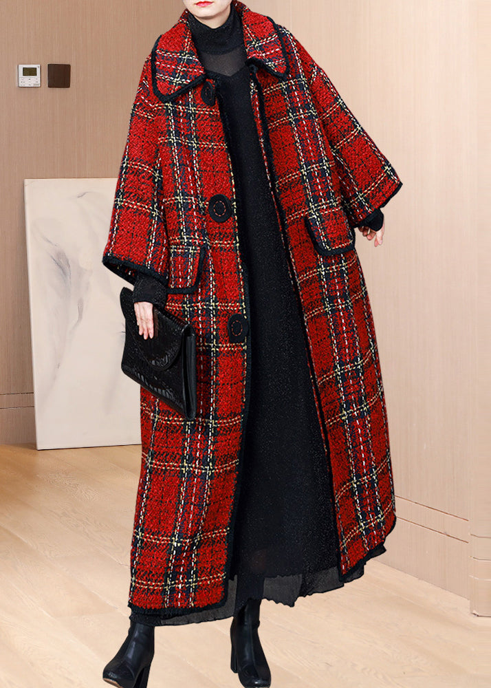 Plus Size Red Peter Pan Collar Pockets Plaid Woolen Coats Winter