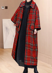 Plus Size Red Peter Pan Collar Pockets Plaid Woolen Coats Winter