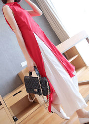 Plus Size Red Peter Pan Collar Side Open Chiffon Long Shirts Sleeveless