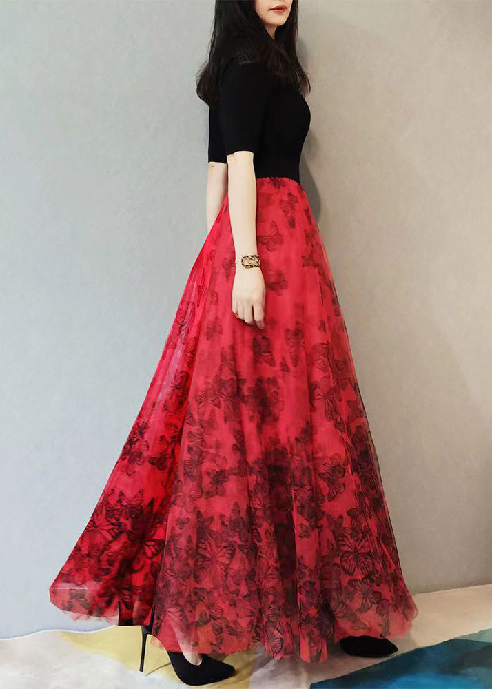 Plus Size Red Print High Waist Exra Large Hem Tulle Skirts Spring