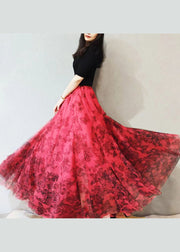 Plus Size Red Print High Waist Exra Large Hem Tulle Skirts Spring