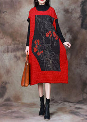 Plus Size Red Print Patchwork Cotton Filled Dresses Long Sleeve