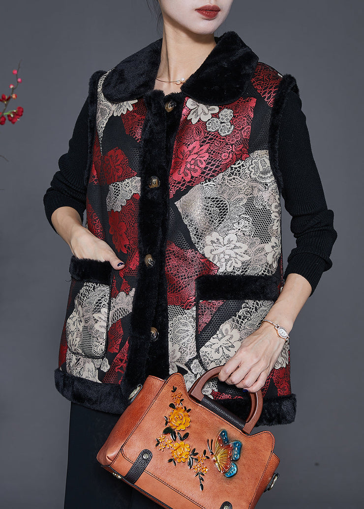 Plus Size Red Print Thick Fine Cotton Filled Vests Winter