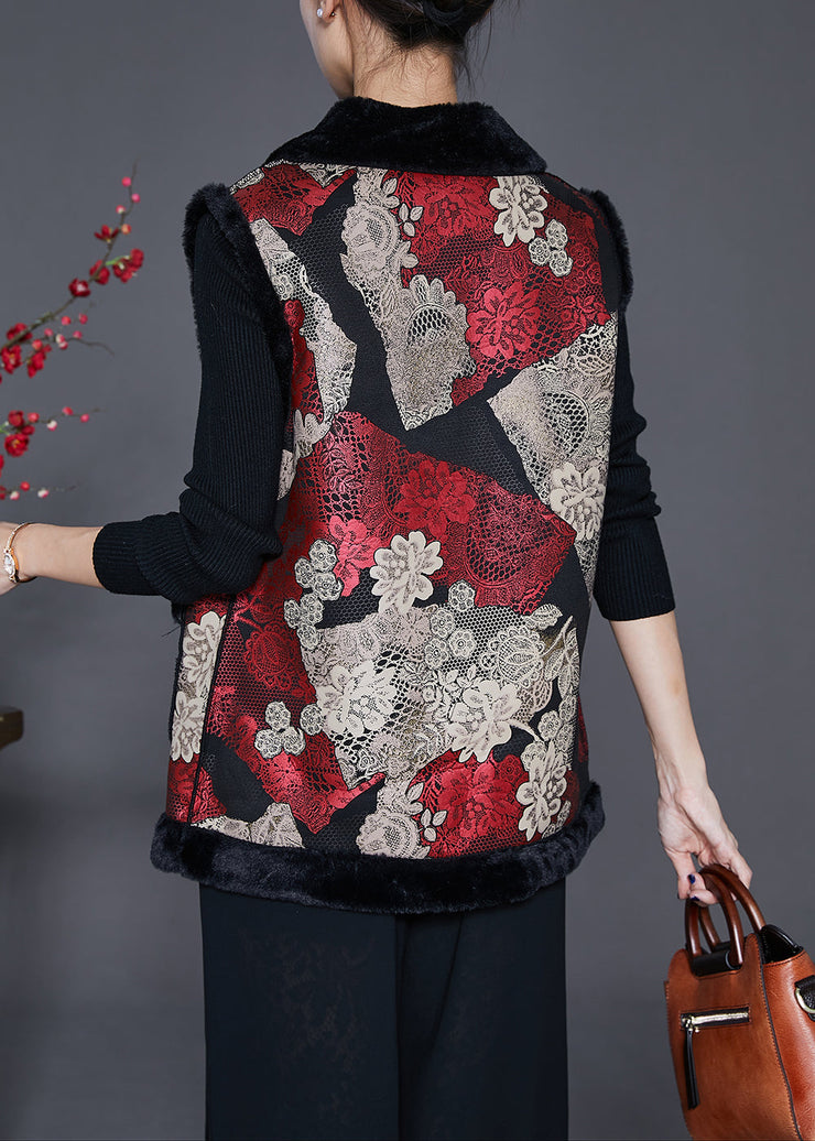 Plus Size Red Print Thick Fine Cotton Filled Vests Winter