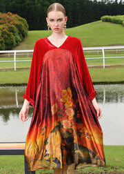 Plus Size Red Silk Velour Patchwor Print Long Dresses Long Sleeve