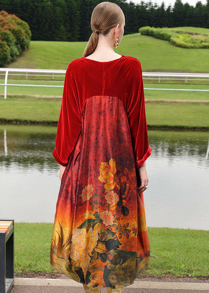 Plus Size Red Silk Velour Patchwor Print Long Dresses Long Sleeve