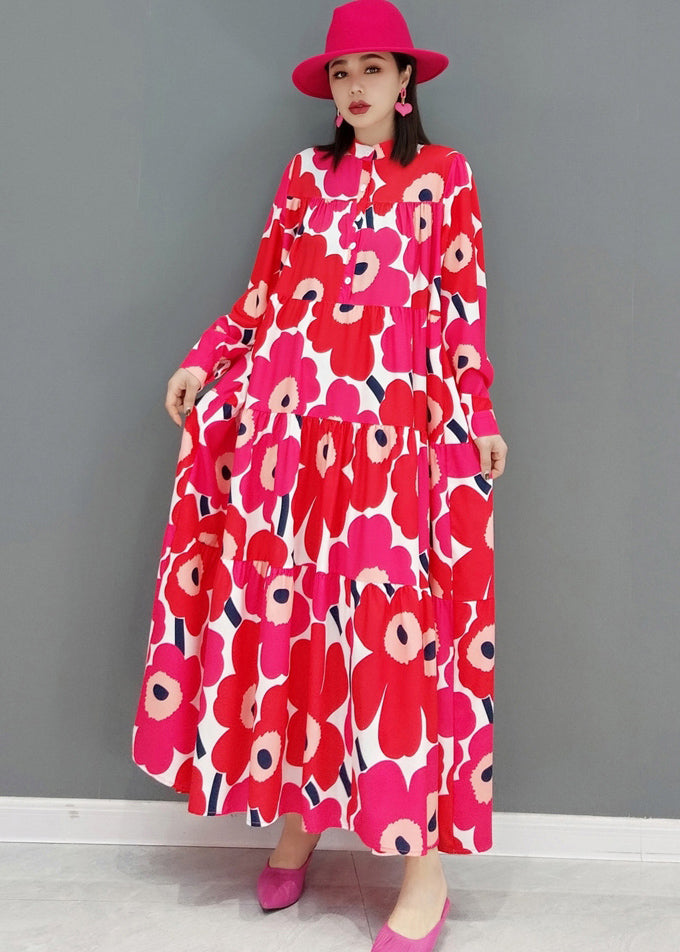 Plus Size Red Stand Collar Print Patchwork Wrinkled Cotton Long Dress Long Sleeve