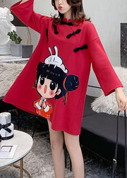 Plus Size Red Stand Collar Print Warm Fleece Mid Dress Fall