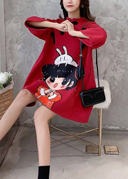 Plus Size Red Stand Collar Print Warm Fleece Mid Dress Fall