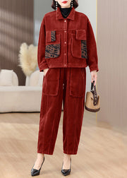 Plus Size Red Tops And Pants Corduroy Warm Fleece Sets 2 Pieces Spring