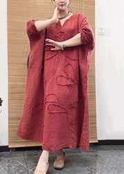 Plus Size Red V Neck Embroidery Patchwork Linen Dress Long Sleeve