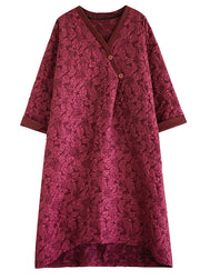 Plus Size Red V Neck Jacquard Patchwork Cotton Dress Fall