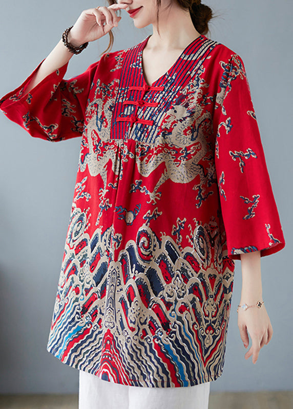 Plus Size Red V Neck Print Top Spring