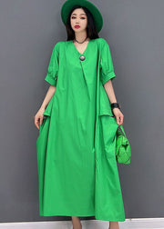 Plus Size Solid Green V Neck Big Pockets Cotton Maxi Dress Short Sleeve