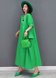 Plus Size Solid Green V Neck Big Pockets Cotton Maxi Dress Short Sleeve