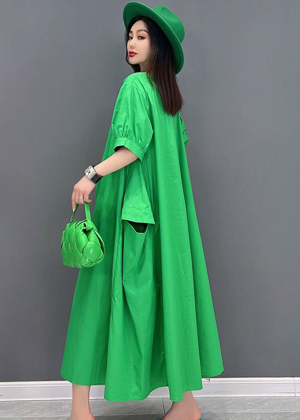 Plus Size Solid Green V Neck Big Pockets Cotton Maxi Dress Short Sleeve