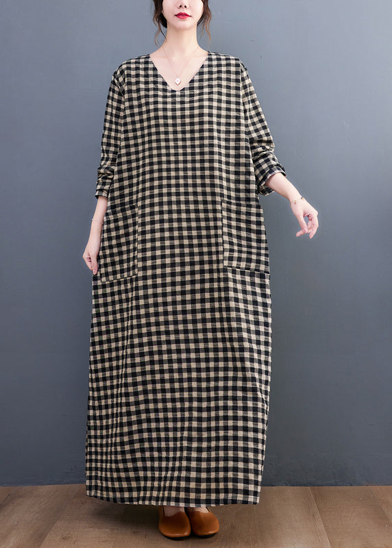 Plus Size V Neck Plaid Pockets Cotton Long Dress Summer