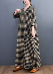 Plus Size V Neck Plaid Pockets Cotton Long Dress Summer