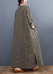 Plus Size V Neck Plaid Pockets Cotton Long Dress Summer