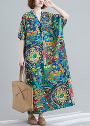 Plus Size V Neck Print Holiday Long Dress Short Sleeve