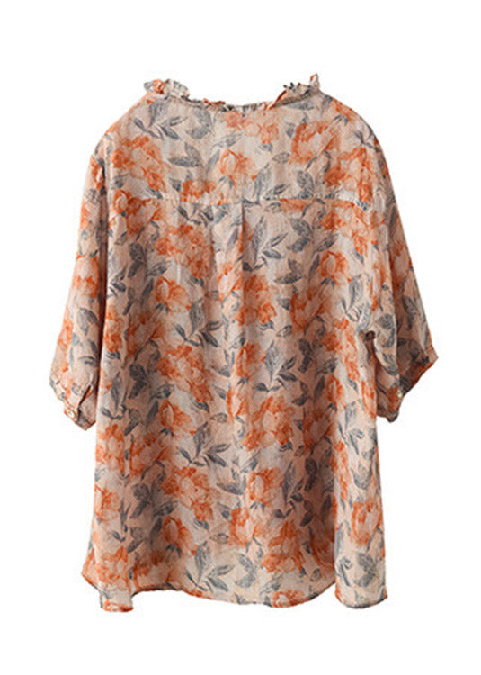 Plus Size V Neck Print Ruffled Linen Tops Half Sleeve