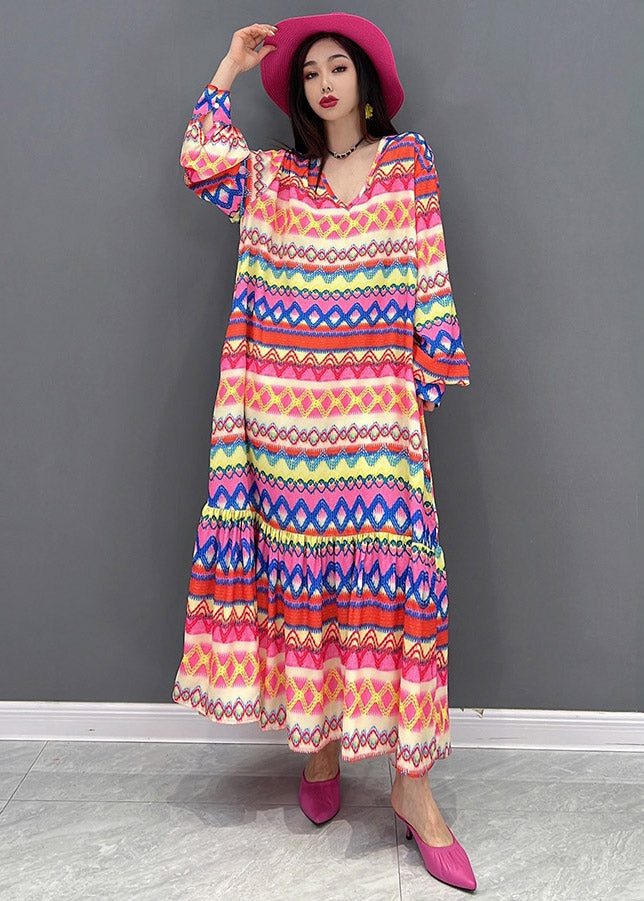 Plus Size V Neck Print Silk Maxi Dress Long Sleeve