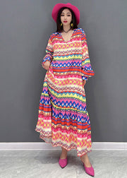 Plus Size V Neck Print Silk Maxi Dress Long Sleeve