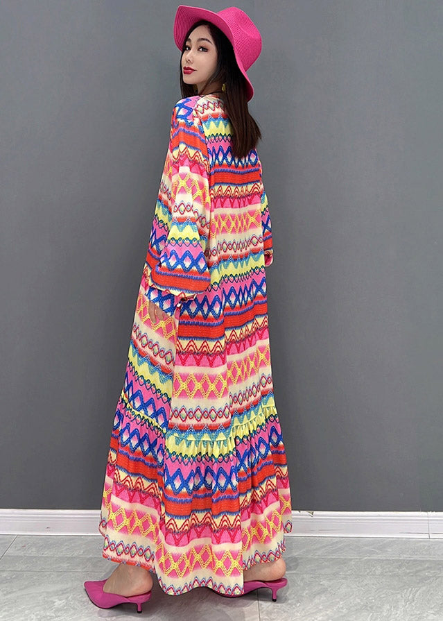 Plus Size V Neck Print Silk Maxi Dress Long Sleeve