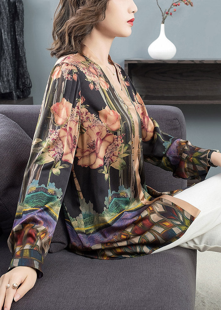 Plus Size V Neck Print Silk Top Long Sleeve