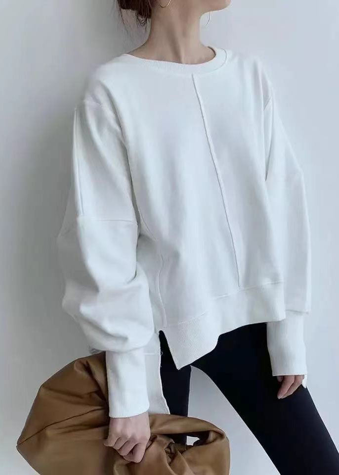 Plus Size White Asymmetrical Patchwork Cotton Pullover Streetwear Spring