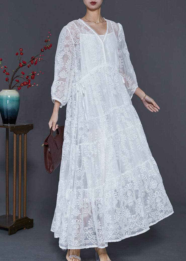 Plus Size White Embroidered Lace Maxi Dresses Spring