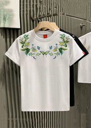 Plus Size White Embroideried Solid Cotton Mens Neutral Tshirt Summer