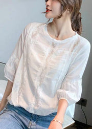 Plus Size White Hollow Out Patchwork Cotton Shirt Lantern Sleeve