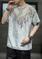 Plus Size White O-Neck Embroideried Ice Silk Men T Shirt Summer