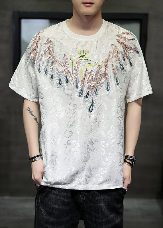 Plus Size White O-Neck Embroideried Ice Silk Men T Shirt Summer