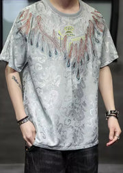 Plus Size White O-Neck Embroideried Ice Silk Men T Shirt Summer