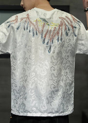 Plus Size White O-Neck Embroideried Ice Silk Men T Shirt Summer