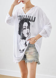 Plus Size White Oversized Print Cotton Pullover Streetwear Fall