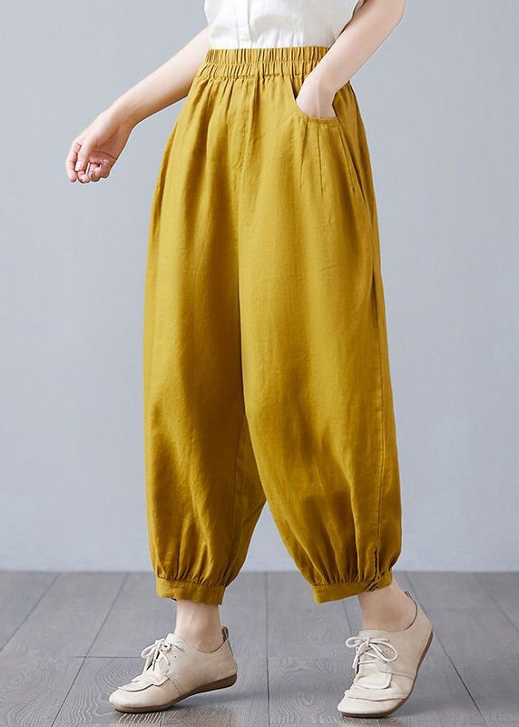 Plus Size White Pockets Elastic Waist Cotton Lantern Pants Spring