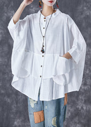 Plus Size black - texture Stand Collar Patchwork Linen Shirt Tops Batwing Sleeve