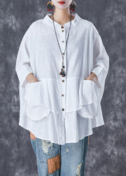 Plus Size black - texture Stand Collar Patchwork Linen Shirt Tops Batwing Sleeve